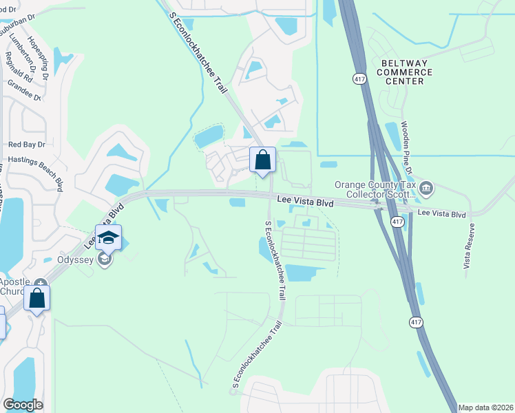 map of restaurants, bars, coffee shops, grocery stores, and more near 9968 Lee Vista Boulevard in Orlando