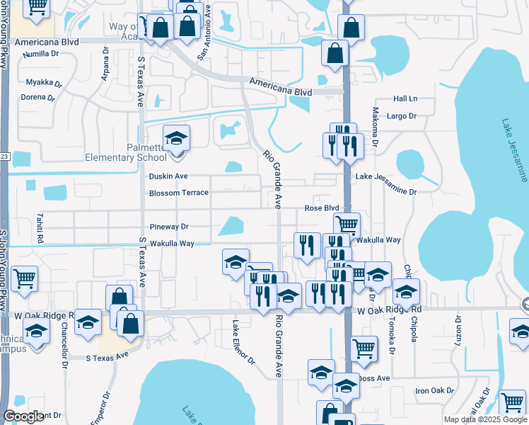 map of restaurants, bars, coffee shops, grocery stores, and more near 1712 Rose Boulevard in Orlando