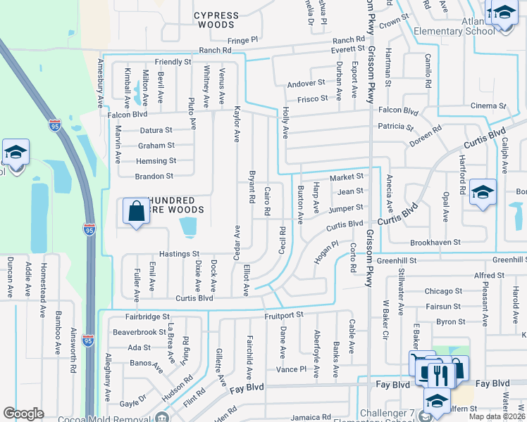 map of restaurants, bars, coffee shops, grocery stores, and more near 6815 Bryant Road in Cocoa