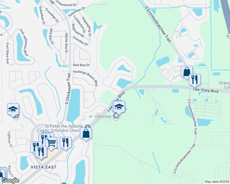 map of restaurants, bars, coffee shops, grocery stores, and more near 9295 Lee Vista Boulevard in Orlando