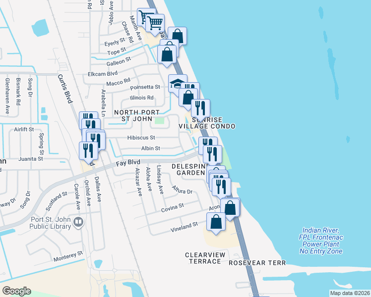 map of restaurants, bars, coffee shops, grocery stores, and more near 1150 Fay Boulevard in Cocoa