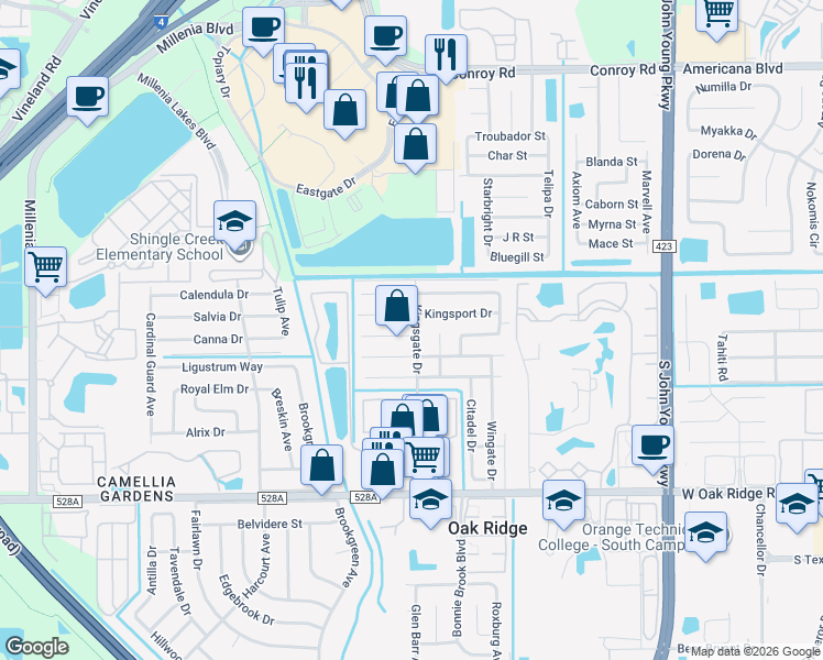 map of restaurants, bars, coffee shops, grocery stores, and more near 4028 Castlegate Drive in Orlando