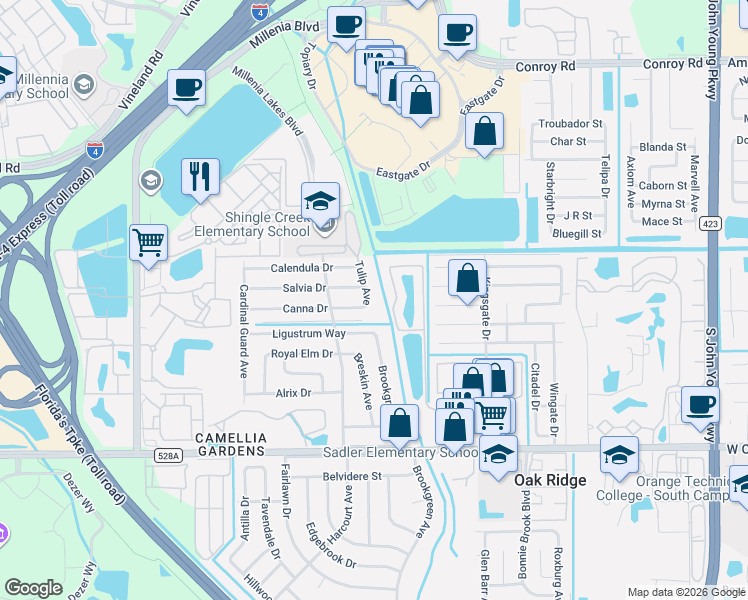 map of restaurants, bars, coffee shops, grocery stores, and more near 5697 Tulip Avenue in Orlando