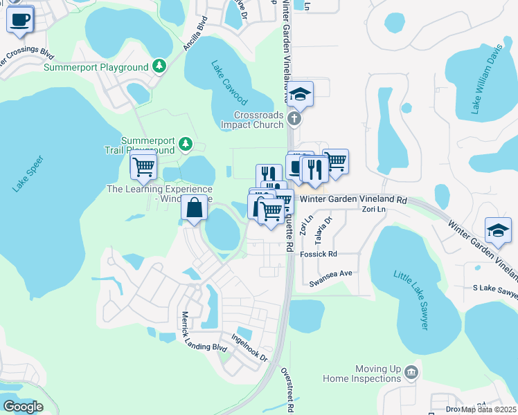 map of restaurants, bars, coffee shops, grocery stores, and more near 13568 Summerport Village Parkway in Windermere