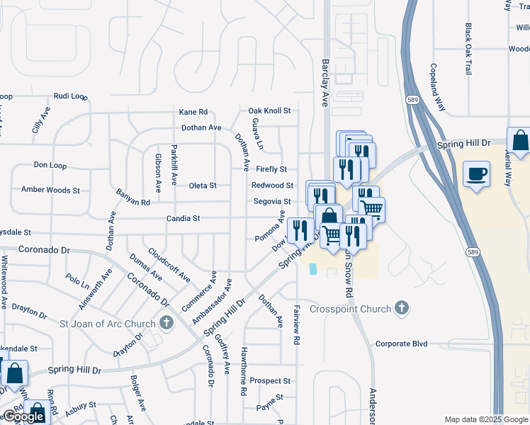 map of restaurants, bars, coffee shops, grocery stores, and more near 14147 Candia Street in Spring Hill