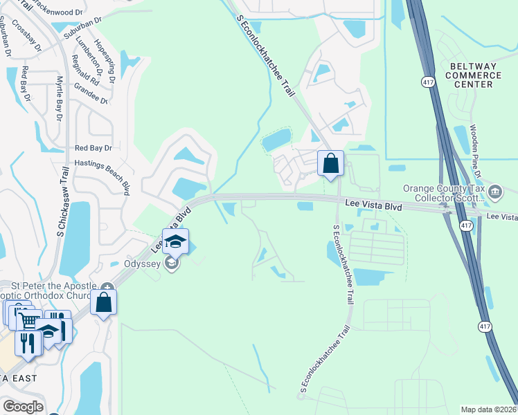 map of restaurants, bars, coffee shops, grocery stores, and more near 9564 Bacchus Tr in Orlando