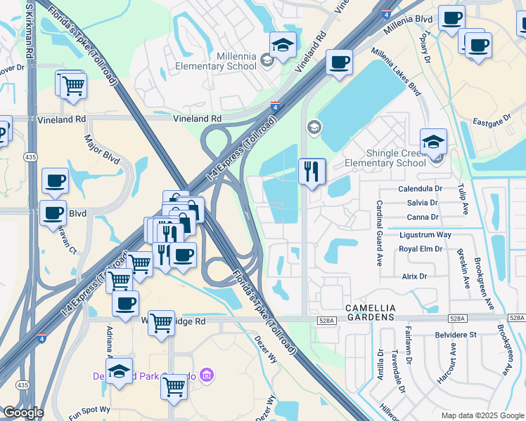 map of restaurants, bars, coffee shops, grocery stores, and more near 5112 Millenia Waters Drive in Orlando