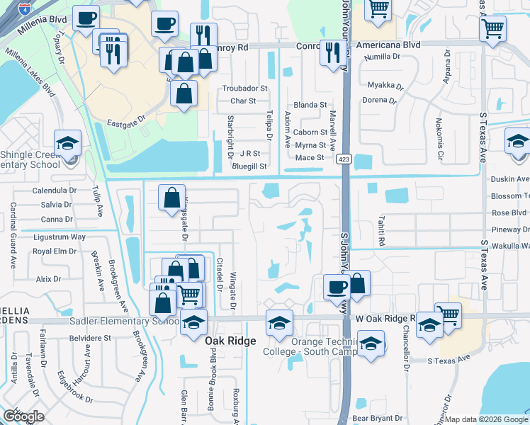 map of restaurants, bars, coffee shops, grocery stores, and more near 5538 Pga Boulevard in Orlando
