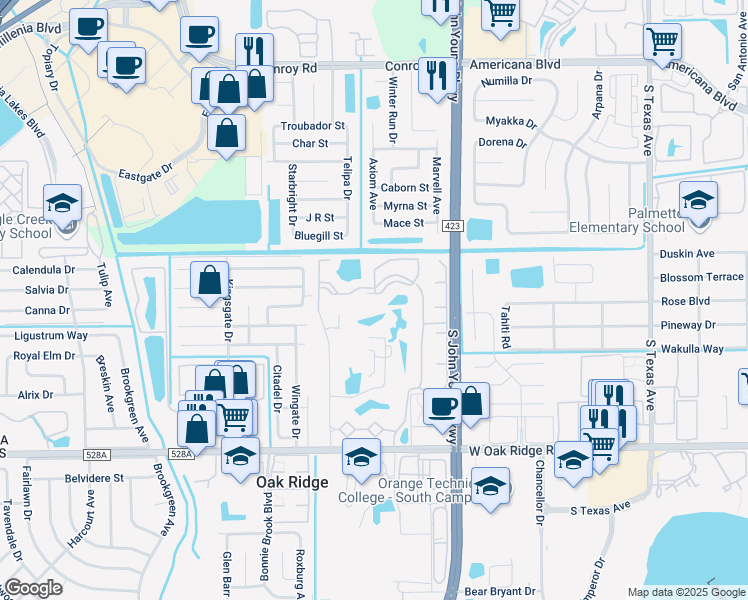 map of restaurants, bars, coffee shops, grocery stores, and more near 3726 Palm Desert Lane in Orlando