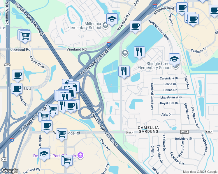 map of restaurants, bars, coffee shops, grocery stores, and more near 5100 Millenia Waters Drive in Orlando