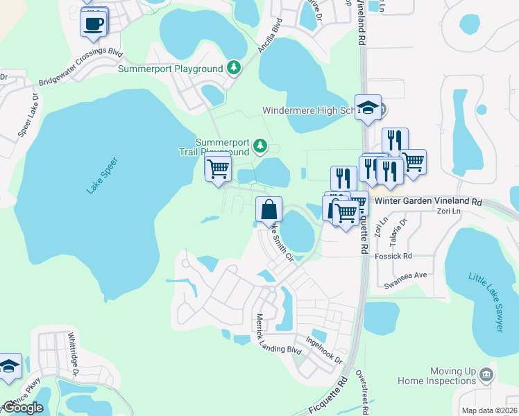 map of restaurants, bars, coffee shops, grocery stores, and more near 5813 Nature View Drive in Windermere