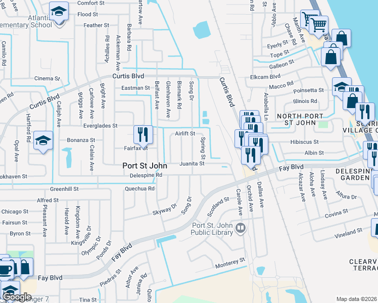 map of restaurants, bars, coffee shops, grocery stores, and more near 6770 Sandhill Drive in Cocoa
