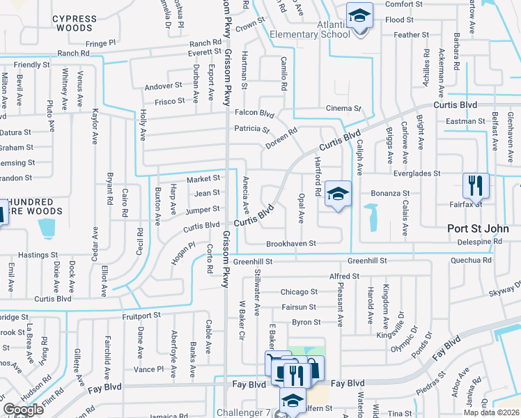 map of restaurants, bars, coffee shops, grocery stores, and more near 4935 Curtis Boulevard in Cocoa