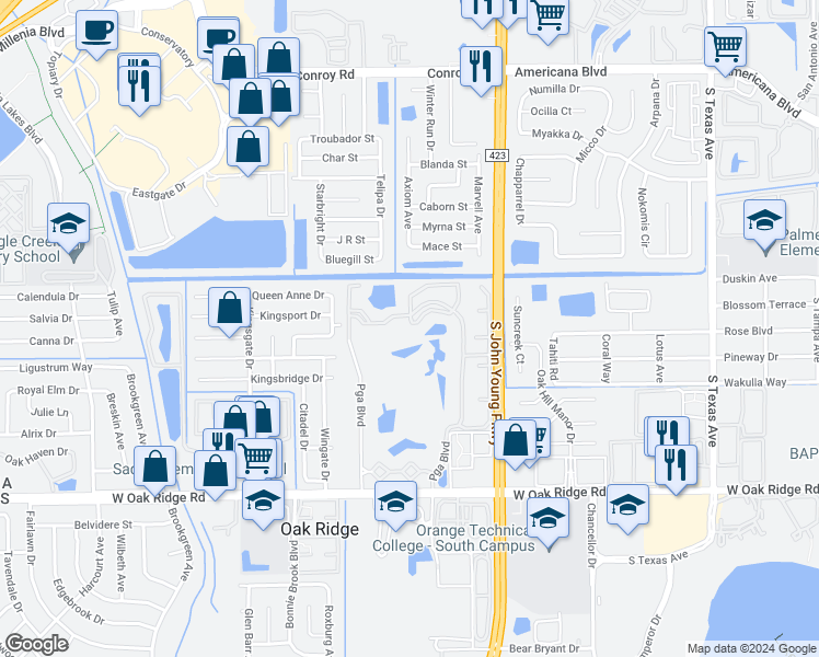 map of restaurants, bars, coffee shops, grocery stores, and more near 3726 Palm Desert Lane in Orlando