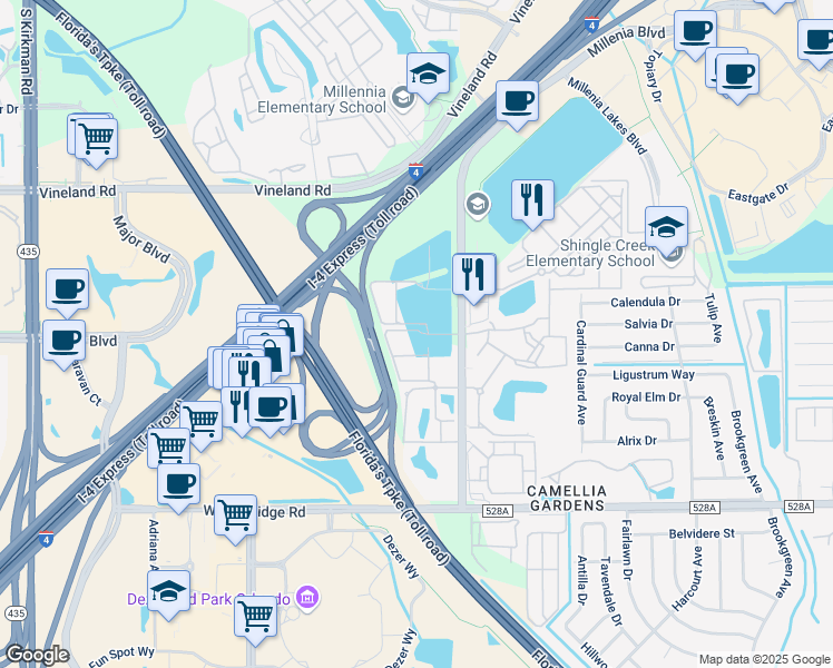 map of restaurants, bars, coffee shops, grocery stores, and more near 5112 Millenia Waters Drive in Orlando