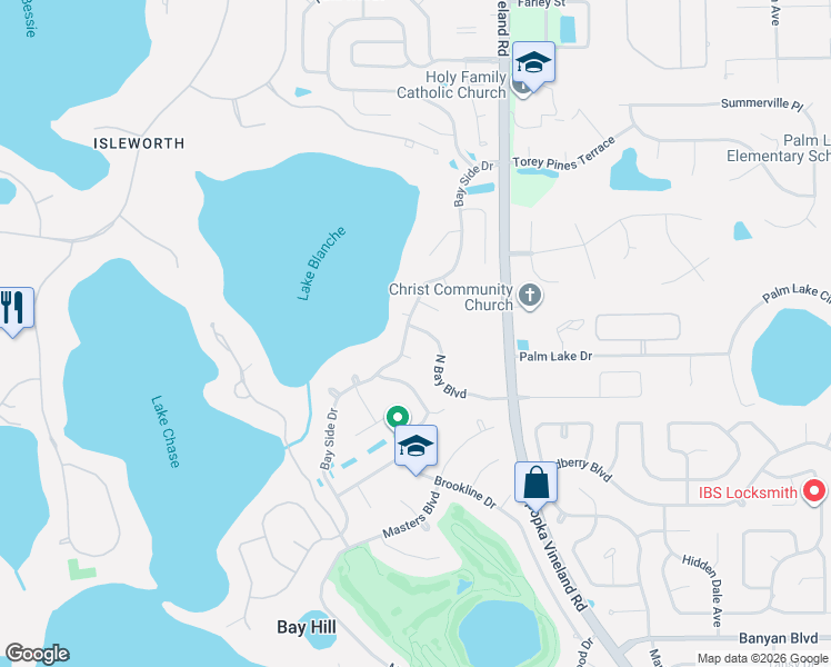 map of restaurants, bars, coffee shops, grocery stores, and more near 9144 North Bay Boulevard in Orlando