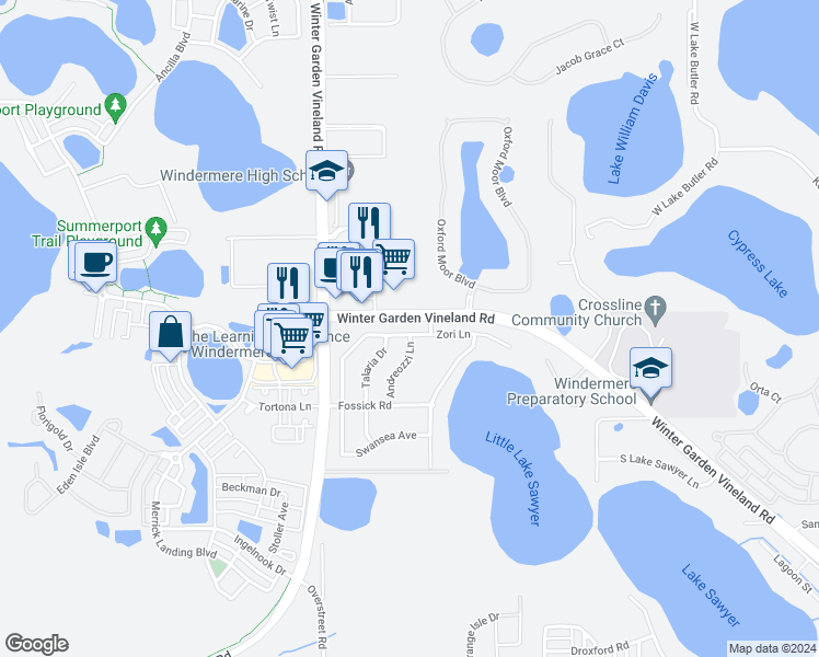 map of restaurants, bars, coffee shops, grocery stores, and more near 13333 Zori Lane in Windermere