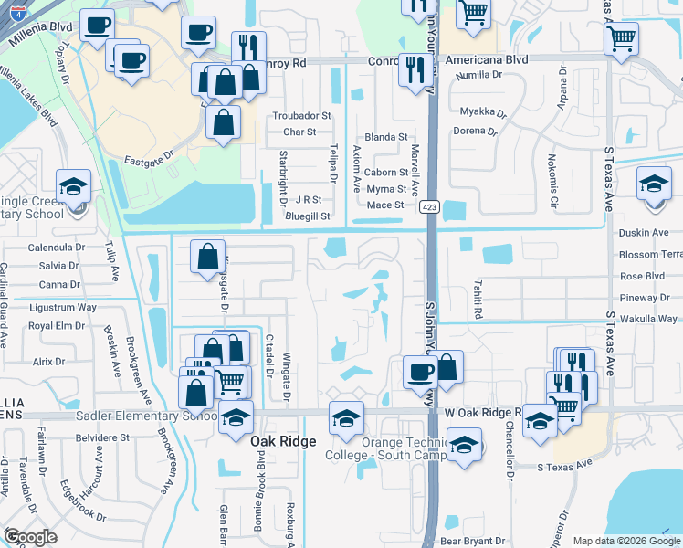 map of restaurants, bars, coffee shops, grocery stores, and more near 5550 Pga Boulevard in Orlando