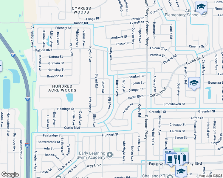 map of restaurants, bars, coffee shops, grocery stores, and more near 6800 Cecil Road in Cocoa