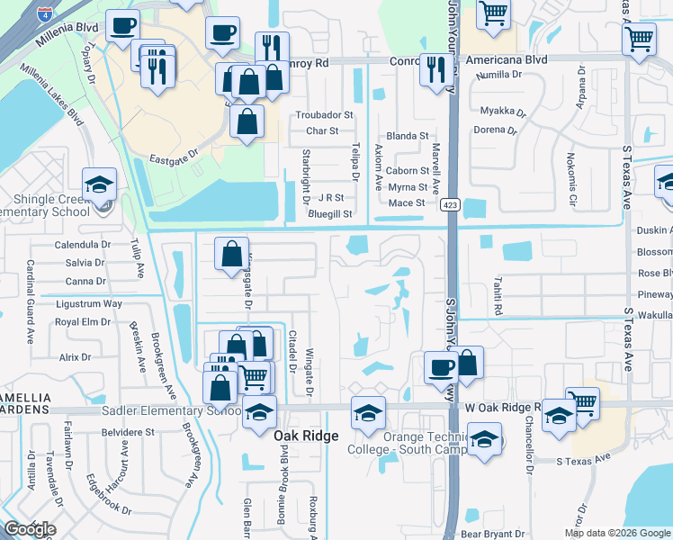 map of restaurants, bars, coffee shops, grocery stores, and more near 5526 Pga Boulevard in Orlando