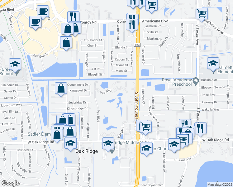 map of restaurants, bars, coffee shops, grocery stores, and more near 3714 Palm Desert Lane in Orlando