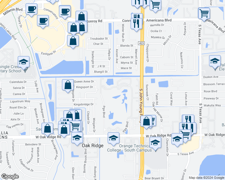 map of restaurants, bars, coffee shops, grocery stores, and more near 3726 Palm Desert Lane in Orlando