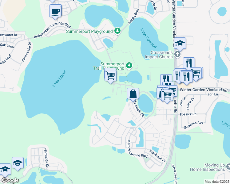 map of restaurants, bars, coffee shops, grocery stores, and more near 13740 Bridgewater Crossings Boulevard in Windermere