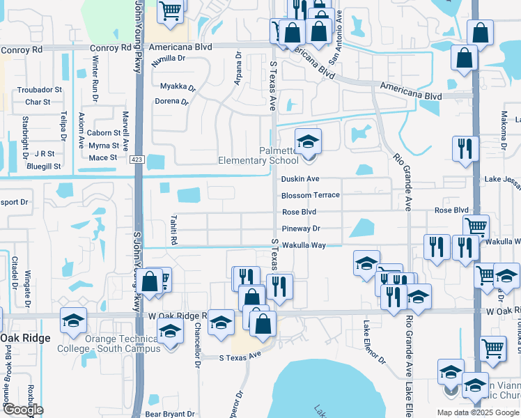 map of restaurants, bars, coffee shops, grocery stores, and more near 2345 Rose Boulevard in Orlando