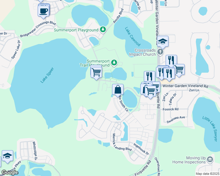 map of restaurants, bars, coffee shops, grocery stores, and more near 5827 Nature View Drive in Windermere