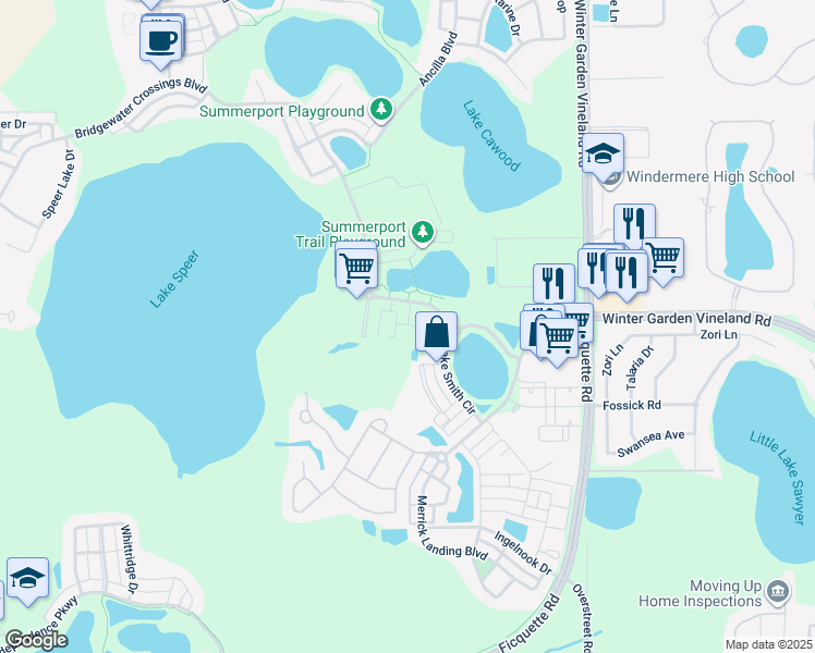 map of restaurants, bars, coffee shops, grocery stores, and more near in Windermere