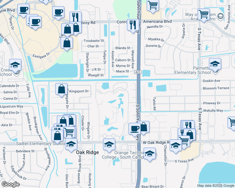 map of restaurants, bars, coffee shops, grocery stores, and more near 3714 Palm Desert Lane in Orlando