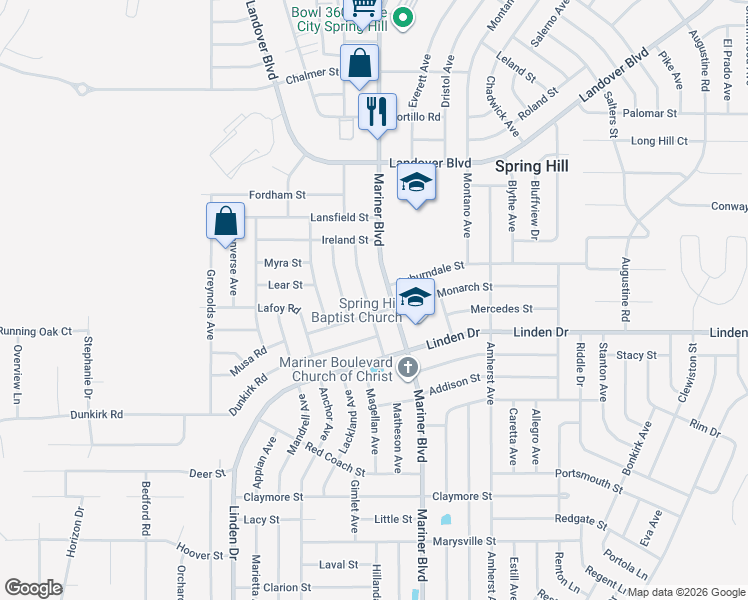 map of restaurants, bars, coffee shops, grocery stores, and more near 3146 Montague Avenue in Spring Hill
