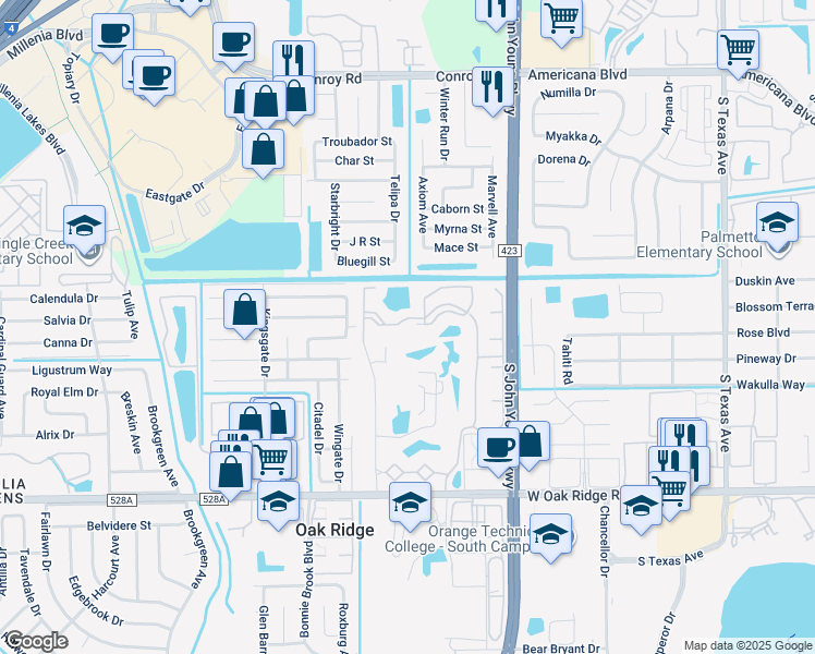 map of restaurants, bars, coffee shops, grocery stores, and more near 3726 Palm Desert Lane in Orlando