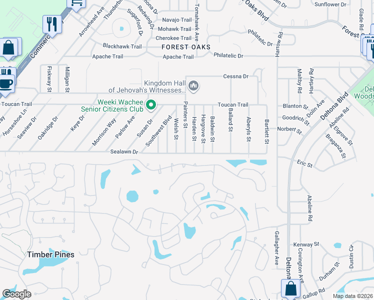 map of restaurants, bars, coffee shops, grocery stores, and more near 7486 Sealawn Drive in Spring Hill