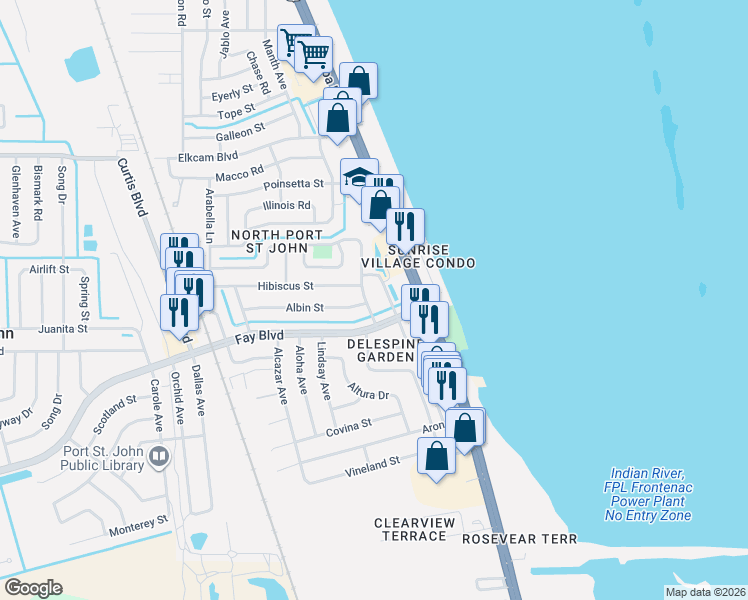 map of restaurants, bars, coffee shops, grocery stores, and more near 1150 Fay Boulevard in Cocoa