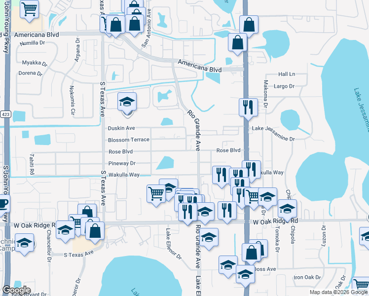map of restaurants, bars, coffee shops, grocery stores, and more near 1712 Rose Boulevard in Orlando