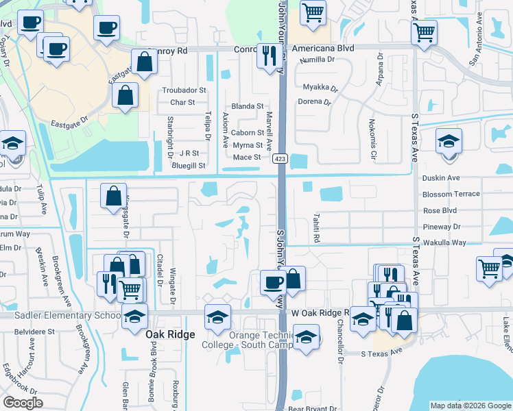 map of restaurants, bars, coffee shops, grocery stores, and more near 3916 Scotsboro Court in Orlando