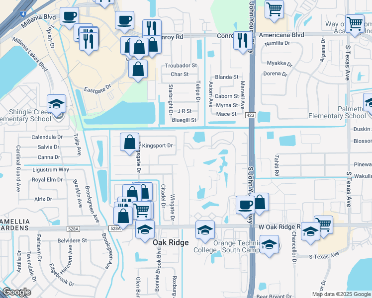 map of restaurants, bars, coffee shops, grocery stores, and more near 5526 Pga Boulevard in Orlando