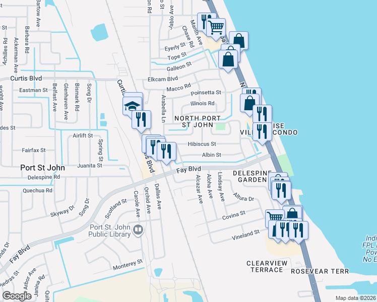 map of restaurants, bars, coffee shops, grocery stores, and more near 901 Albin Street in Cocoa