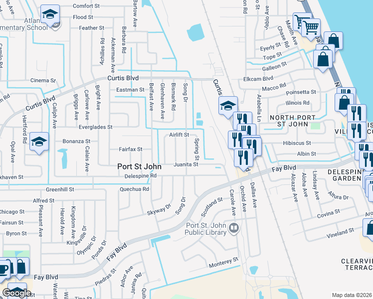 map of restaurants, bars, coffee shops, grocery stores, and more near 6800 Song Drive in Cocoa