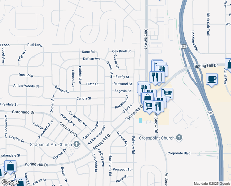 map of restaurants, bars, coffee shops, grocery stores, and more near 14147 Candia Street in Spring Hill