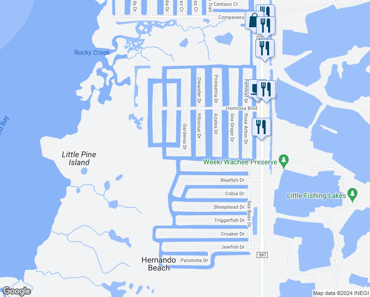 map of restaurants, bars, coffee shops, grocery stores, and more near Gardenia Drive in Hernando Beach