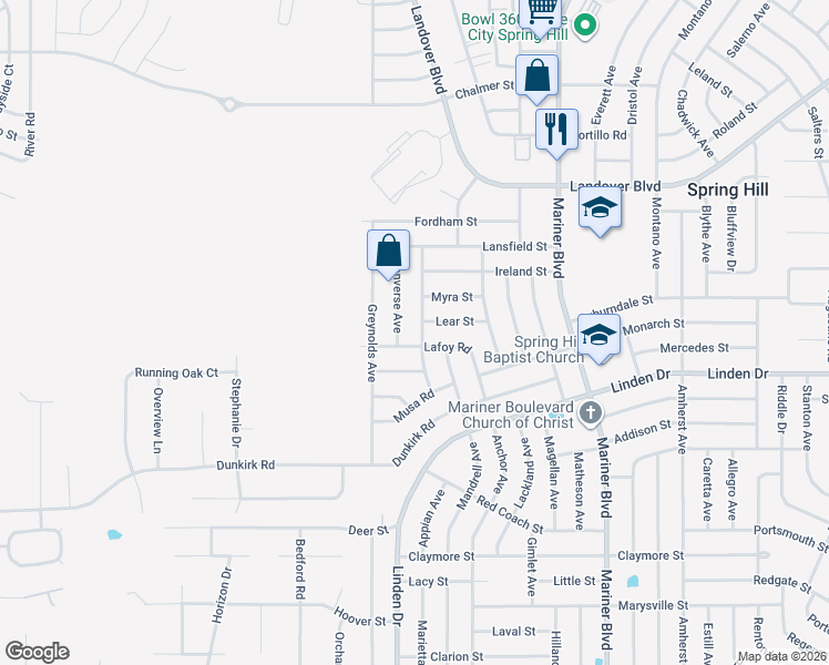 map of restaurants, bars, coffee shops, grocery stores, and more near 3188 Converse Avenue in Spring Hill