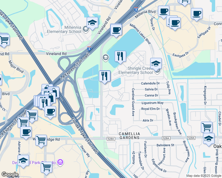 map of restaurants, bars, coffee shops, grocery stores, and more near 5000 Millenia Boulevard in Orlando