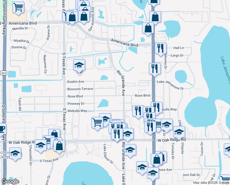 map of restaurants, bars, coffee shops, grocery stores, and more near 1803 Blossom Terrace in Orlando