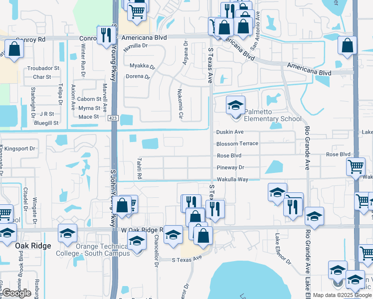 map of restaurants, bars, coffee shops, grocery stores, and more near 2531 Rose Ridge Circle in Orlando