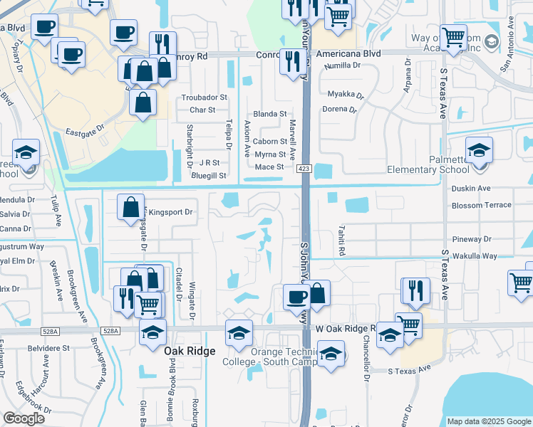 map of restaurants, bars, coffee shops, grocery stores, and more near 3775 Palm Desert Lane in Orlando