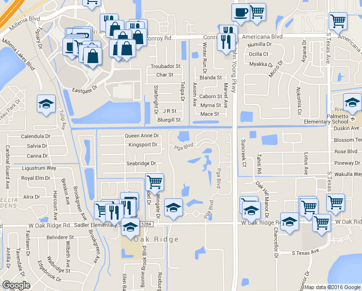 map of restaurants, bars, coffee shops, grocery stores, and more near 5513 Pga Boulevard in Orlando