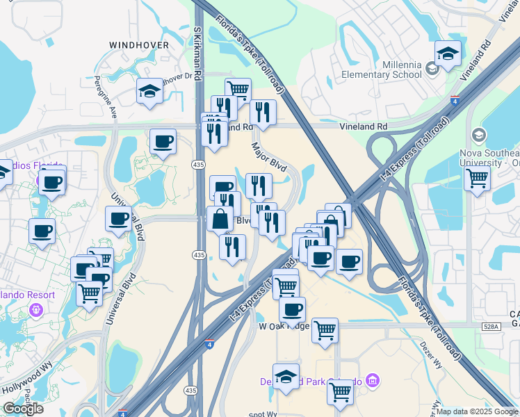 map of restaurants, bars, coffee shops, grocery stores, and more near 5728 Major Boulevard in Orlando