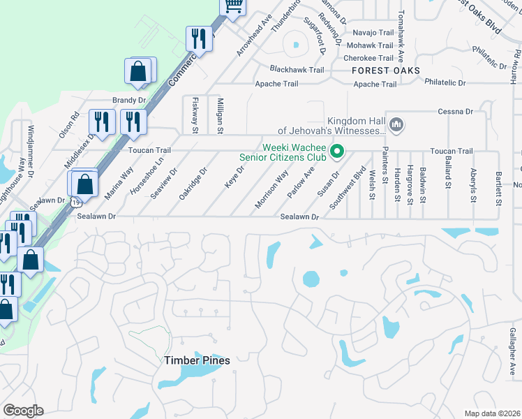 map of restaurants, bars, coffee shops, grocery stores, and more near 3260 Morrison Way in Spring Hill